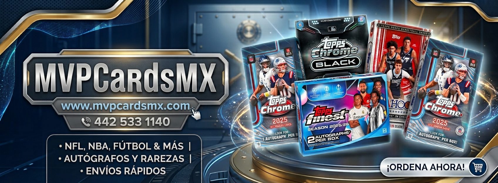 MVP Cards MX — Topps Chrome, Topps Chrome Black y Topps Finest. NFL, NBA, Fútbol y más. Autógrafos y rarezas, envíos rápidos.